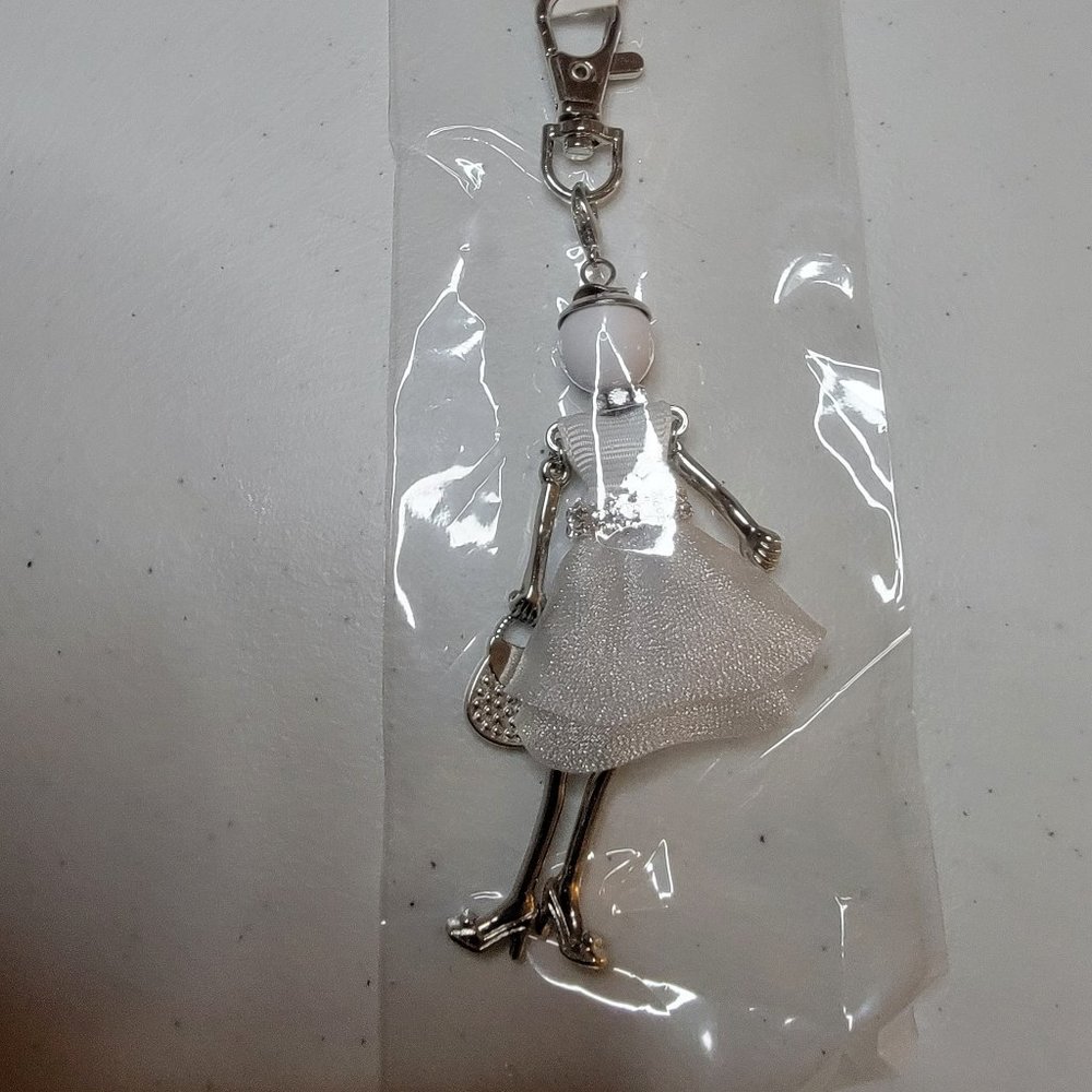 Sparkly White Dress Fashion Doll Purse Charm Keychain Elegant Handbag Charm